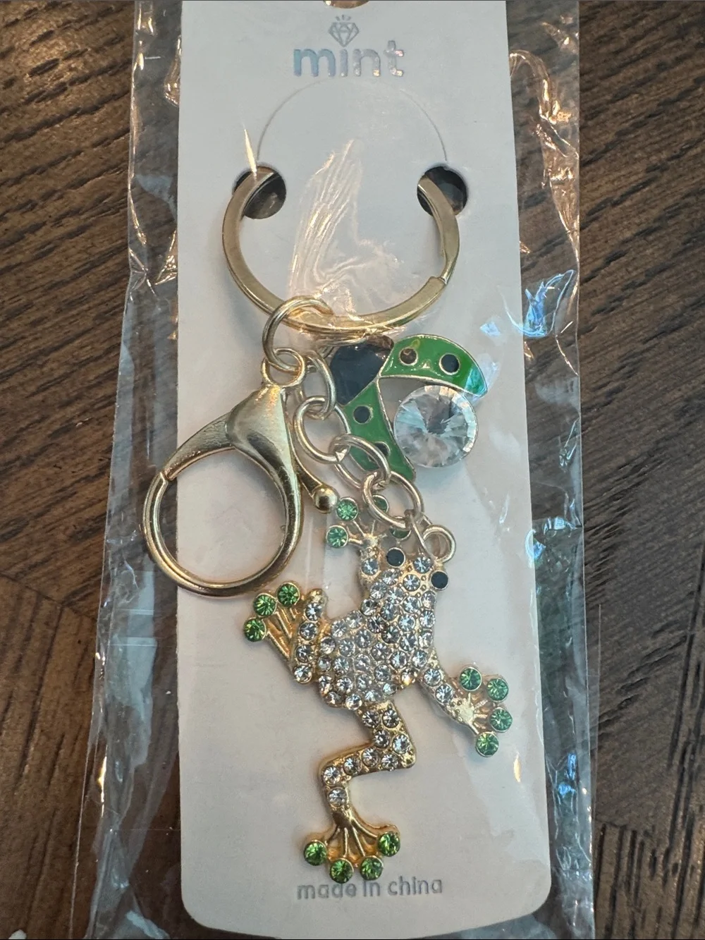 Frog Keychain with Green Enamel and Crystals & gold metal